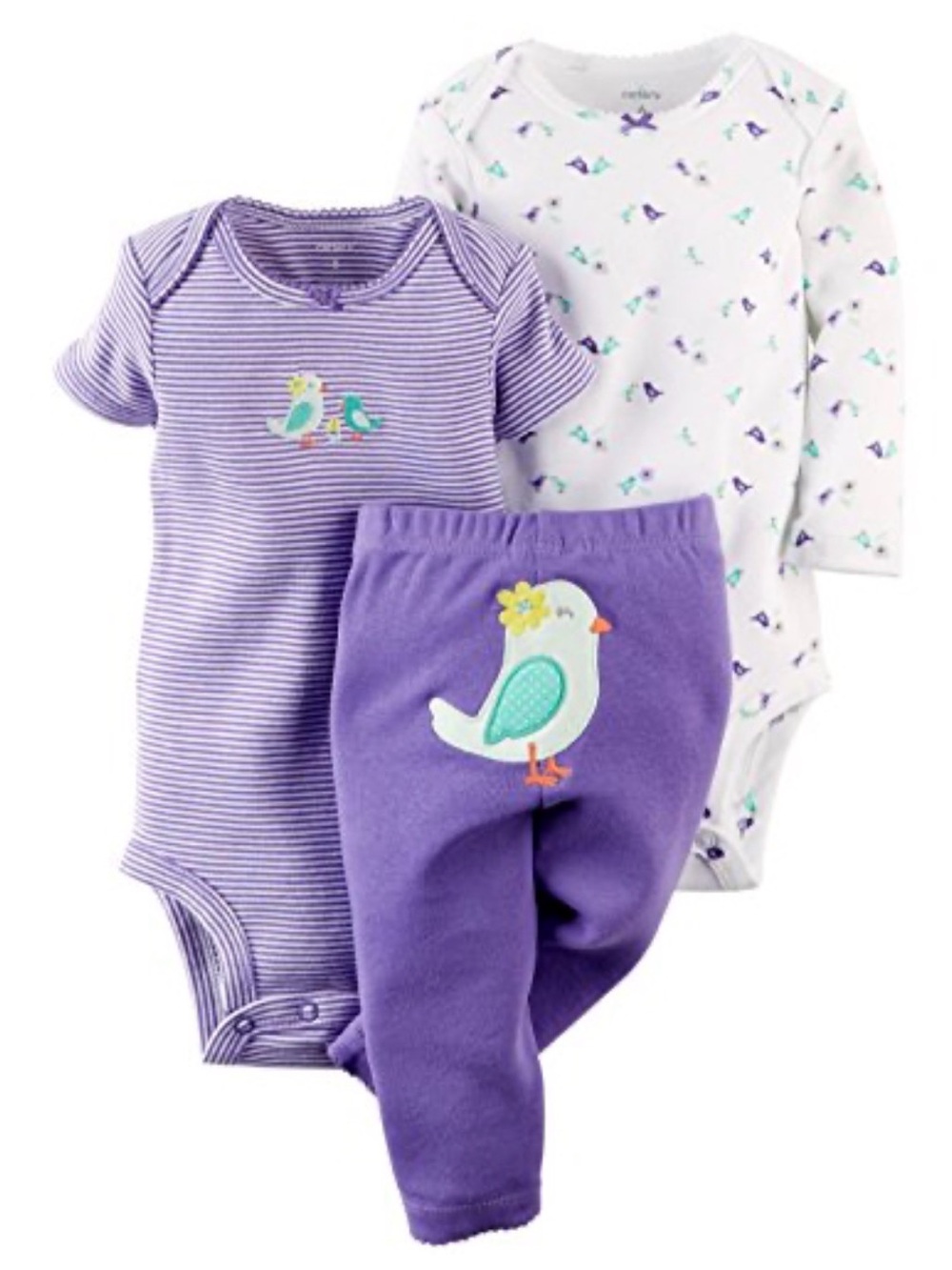 Carter's Baby Girl 3-Piece Long & Short Sleeve Set with Bird Patch Pants